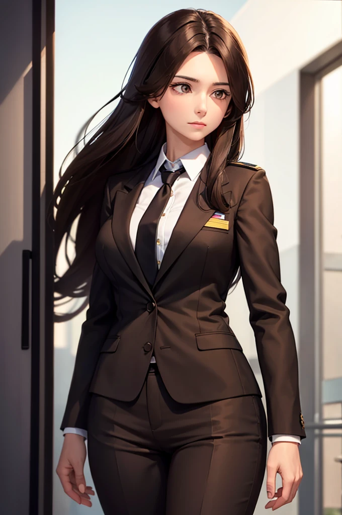 A woman with medium long Brown hair, In a business suit, She works as Major for a weapons industry.