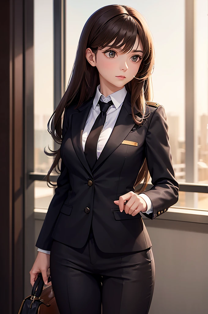 A woman with medium long Brown hair, In a business suit, She works as Major for a weapons industry.