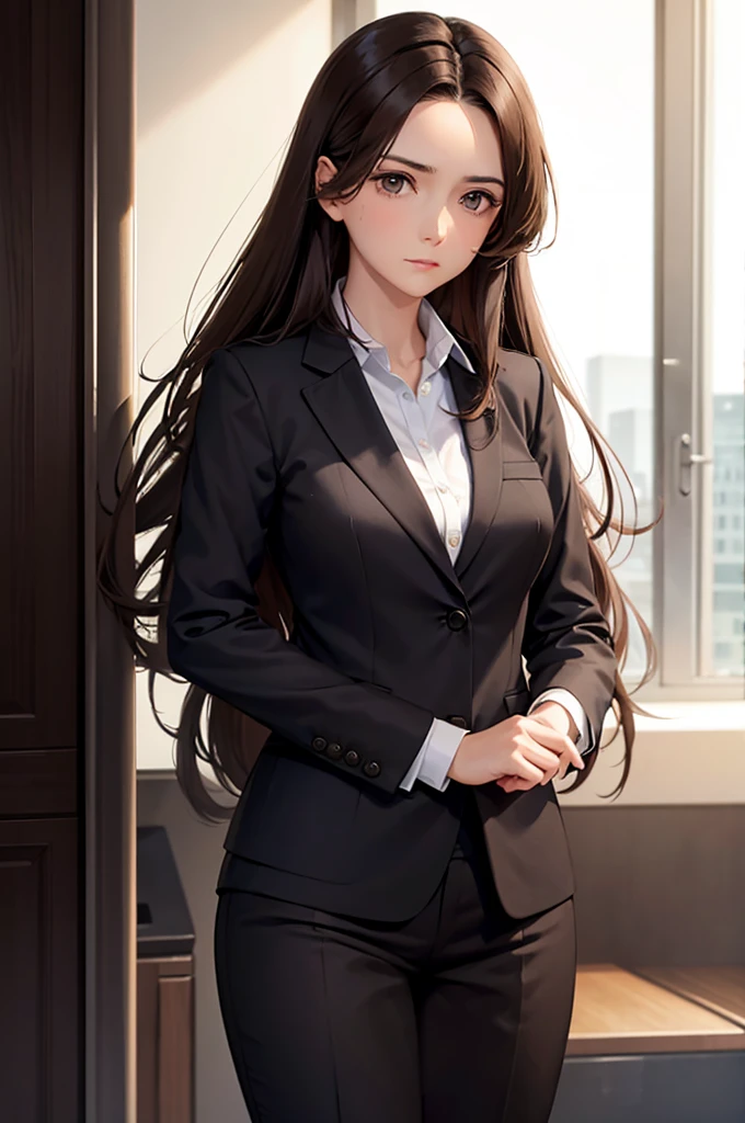 A woman with medium long Brown hair, In a business suit, She works as Major for a weapons industry.