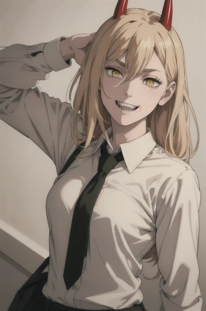 (best quality), (masterpiece), (solo), 1girl, power_csm, blonde hair, yellow eyes, cross-shaped pupils, symbol-shaped pupils, red horns, white buttoned shirt, black necktie, sharp teeth, grin,