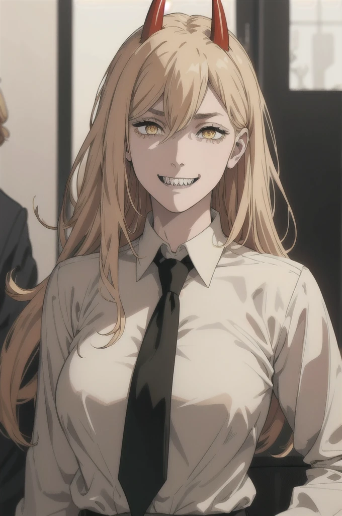 (best quality), (masterpiece), (solo), 1girl, power_csm, blonde hair, yellow eyes, cross-shaped pupils, symbol-shaped pupils, red horns, white buttoned shirt, black necktie, sharp teeth, grin,