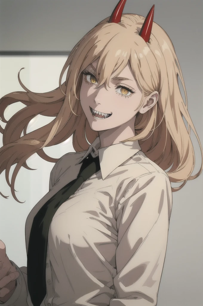 (best quality), (masterpiece), (solo), 1girl, power_csm, blonde hair, yellow eyes, cross-shaped pupils, symbol-shaped pupils, red horns, white buttoned shirt, black necktie, sharp teeth, grin,