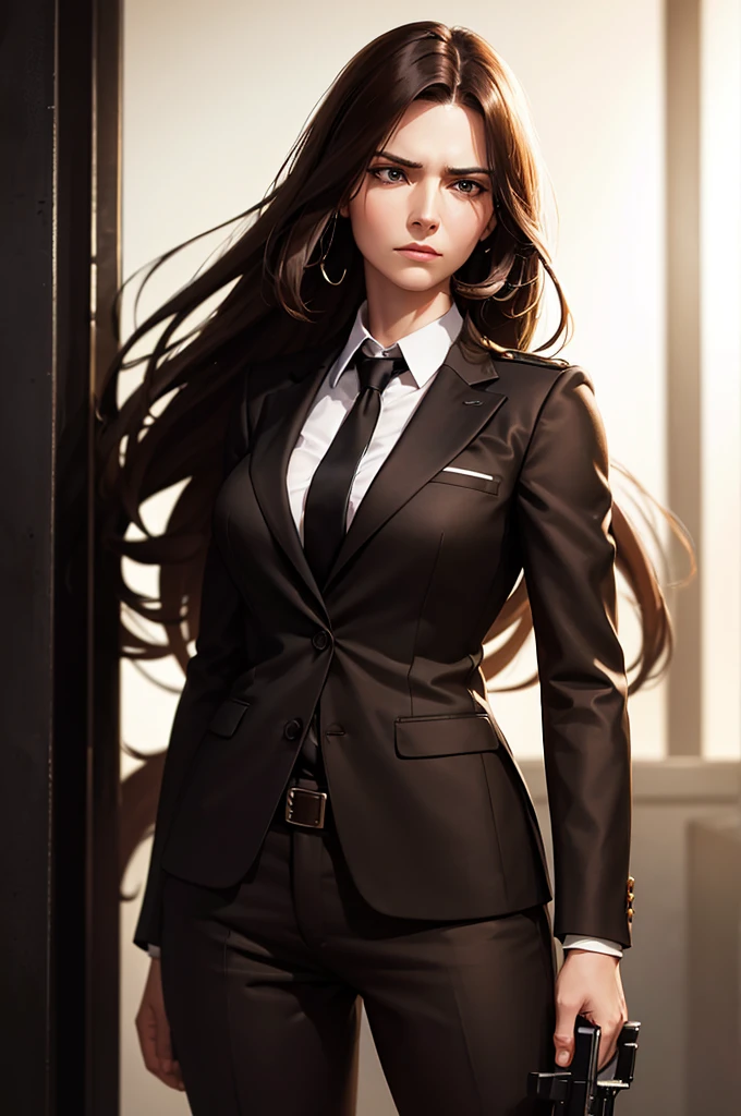 a woman with medium long brown hair, business suit, major of weapons industry, intricate detailed face, hyper realistic, 8k, oil painting style, dramatic lighting, cinematic, gritty, moody, industrial background, serious expression, confident pose