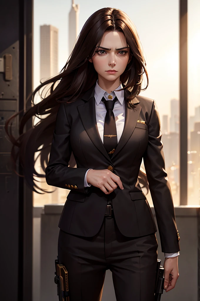 a woman with medium long brown hair, business suit, major of weapons industry, intricate detailed face, hyper realistic, 8k, oil painting style, dramatic lighting, cinematic, gritty, moody, industrial background, serious expression, confident pose