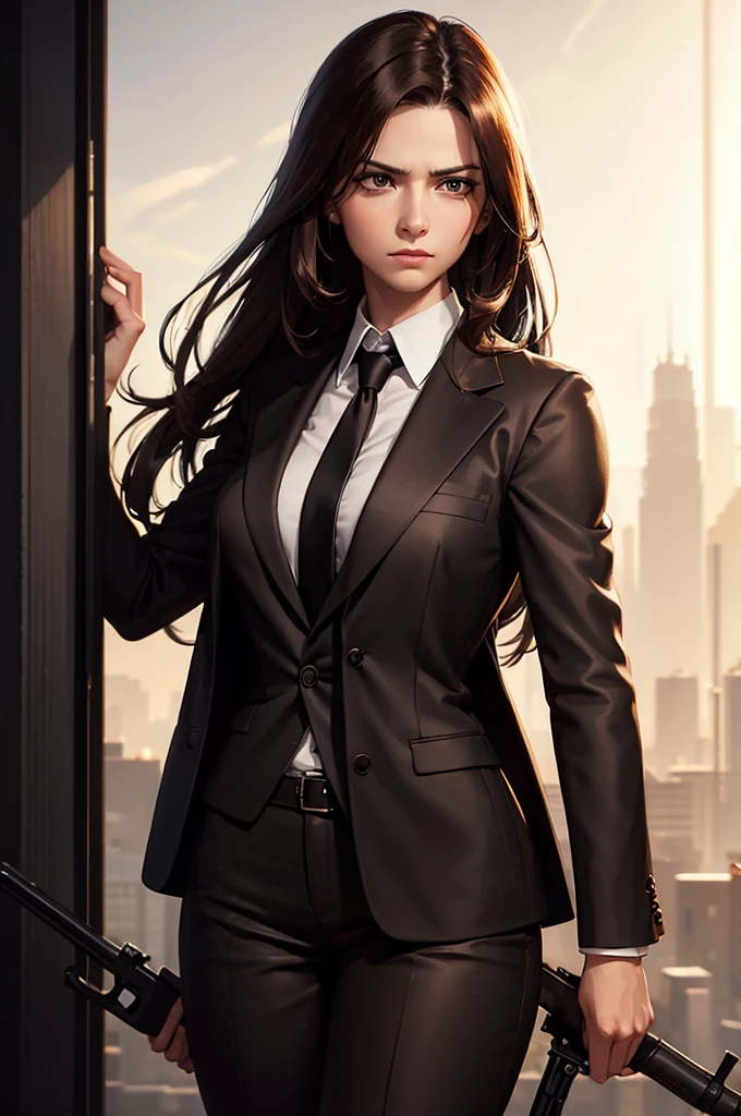 a woman with medium long brown hair, business suit, major of weapons industry, intricate detailed face, hyper realistic, 8k, oil painting style, dramatic lighting, cinematic, gritty, moody, industrial background, serious expression, confident pose