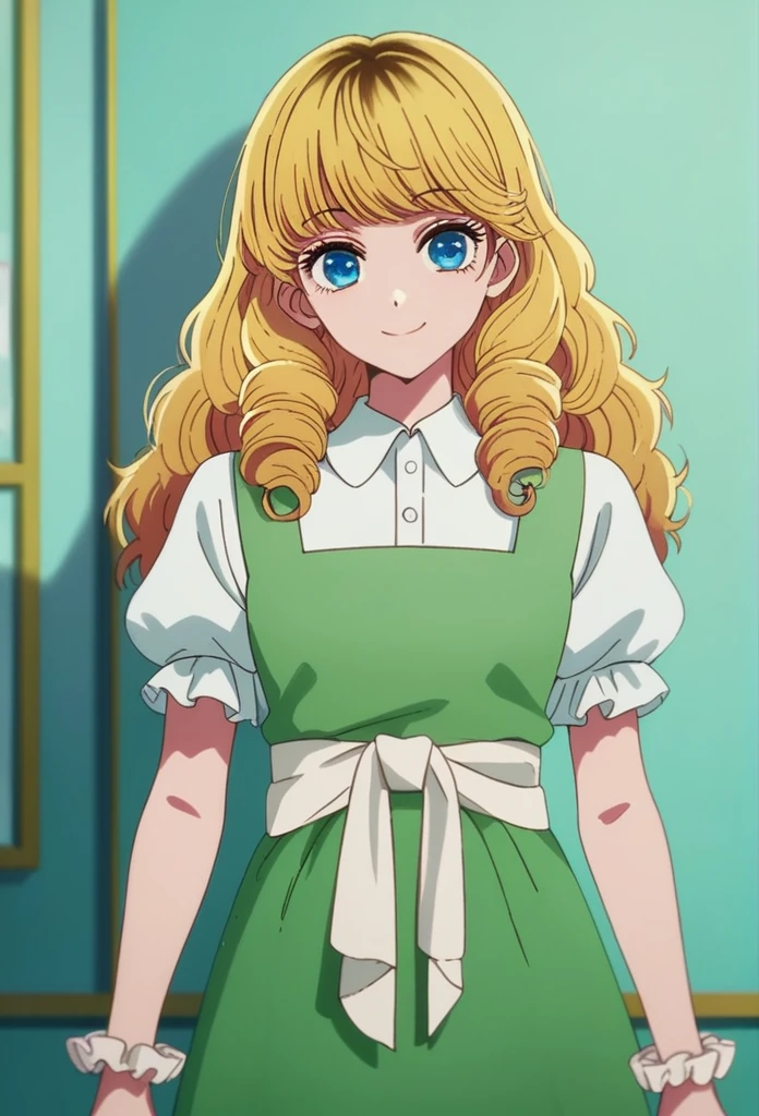 oshi_no_ko_style,blonde curls,sidecurls,fluffy fringe bangs,blue eyes,long eyelashes,cowboyshot,standing,,soft smile,long hair,masterpiece,highres,absurdres,(white puffy short sleeves),collared blouse,solo,frilled cuffs,,teen,(light blue pinafore dress),frilled wristgloves,frilled sweatheart neckline,white sash around the waist,peter pan collar,side curls,princess curls