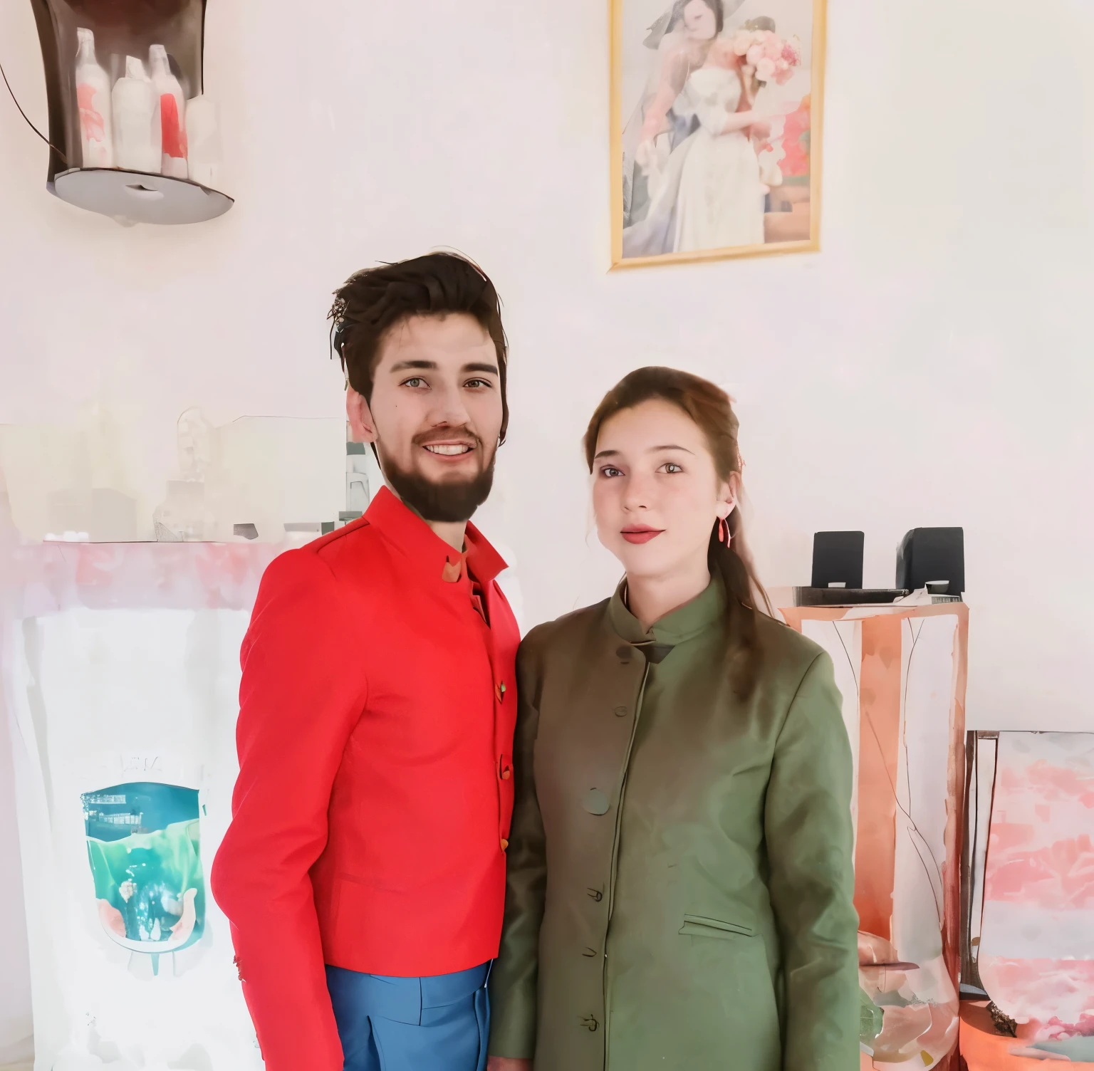 The boy is wearing a red coat and red pants, the girl is wearing a white wedding dress, both have fair skin, both are a loving couple, both are holding a bunch of flowers, and there is a hotel in the background.