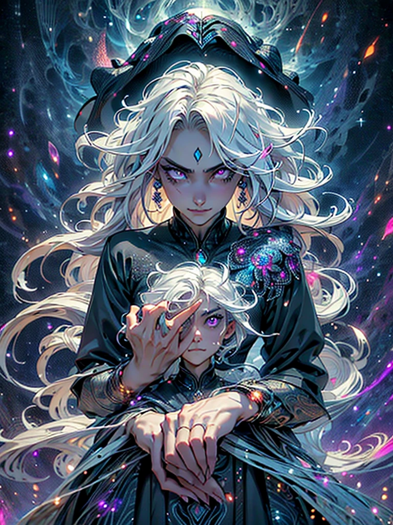 official arts, 8k unity wallpaper, ultra-detailed, beautiful and aesthetically pleasing, masterpiece, best quality, (fractal art: 1.3),female, 1 girl, magic woman, purple eyes, misterious smile, tall woman, very muscular, serious and and angry face, wavy messy white hair, black dress, shrouded in darkness, moving your hands creating a bluish aura that lights up your face