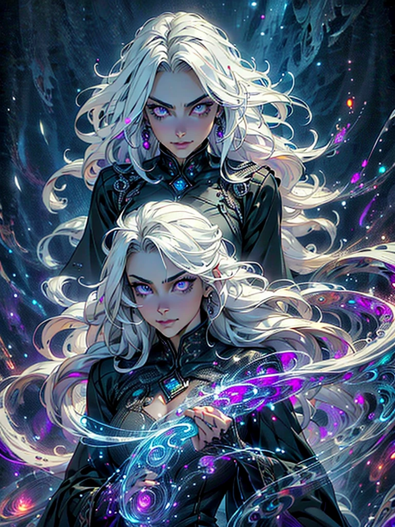 official arts, 8k unity wallpaper, ultra-detailed, beautiful and aesthetically pleasing, masterpiece, best quality, (fractal art: 1.3),female, 1 girl, magic woman, purple eyes, misterious smile, tall woman, very muscular, serious and and angry face, wavy messy white hair, black dress, shrouded in darkness, moving your hands creating a bluish aura that lights up your face