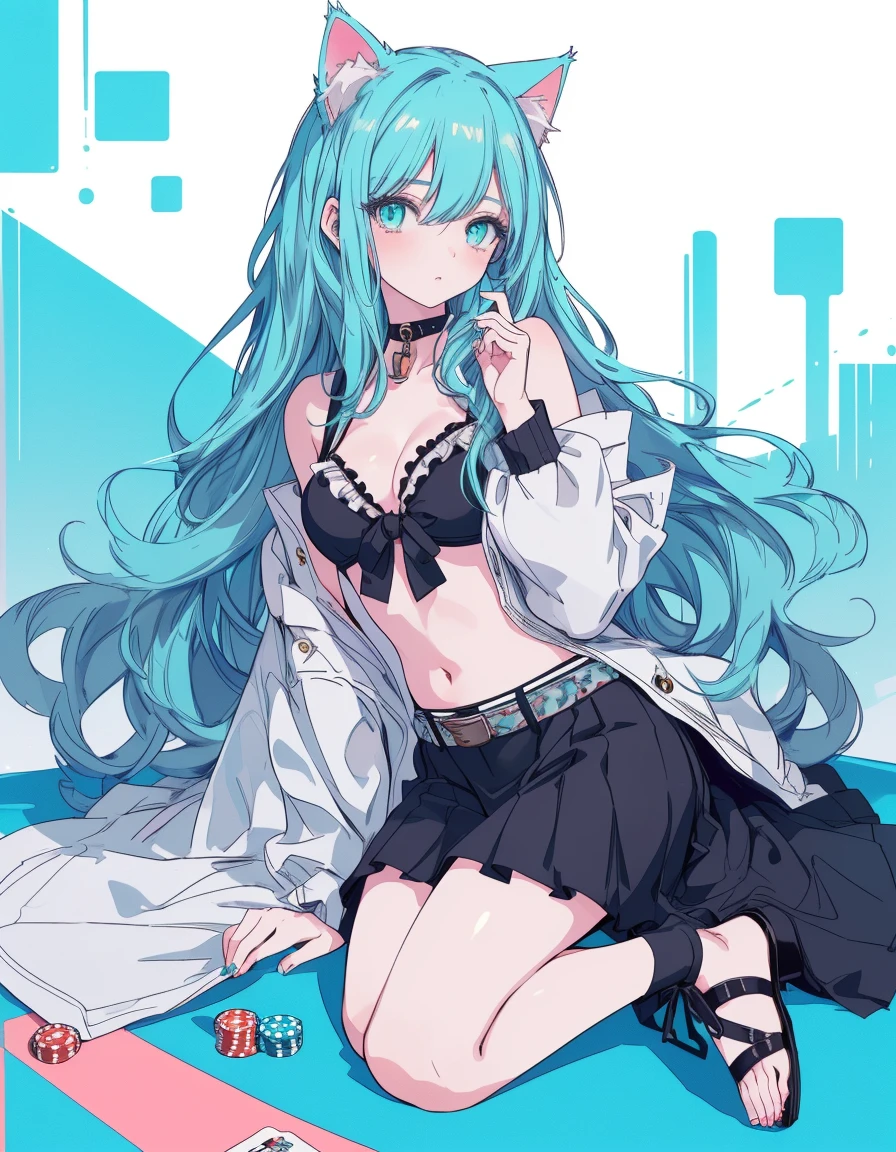 poker, bikini, skirt, full body, ((masterpiece, best quality:1.5)), ((Beautiful detailed cat aqua eyes:1.2)), cat ears, pale skin, medium breasts, beautiful hands, beautiful fingers, EasyNegative