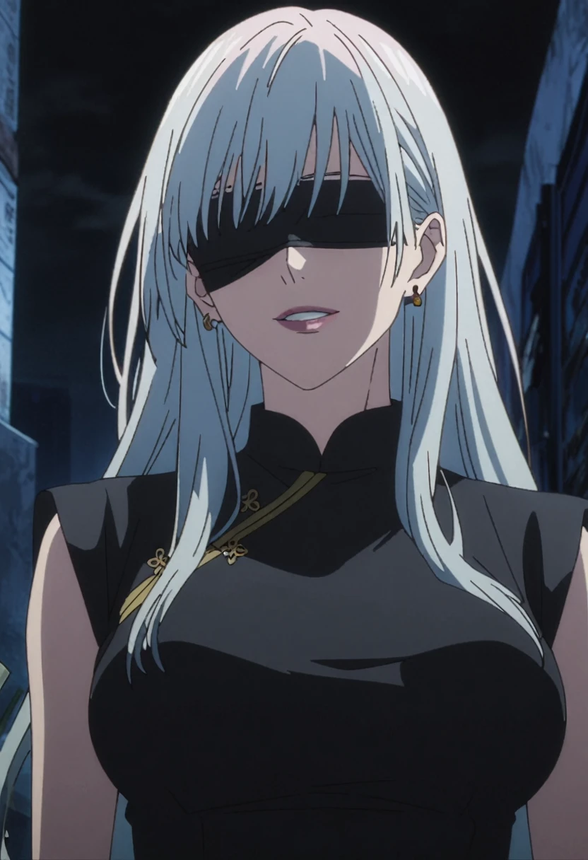 1girl, female gojo satoru, anime screencap from jujutsu kaisen, gojo satoru female version, solo, long_hair, ((wearing black blindfold)) ((high resolution)) ((white_hair)), night view, (hanging breasts) upper_body, smile, lips, (long hair, side bangs) ((wearing black colour Chinese cheongsam)) breast, "very detailed and high resolution" (black blindfold) ((solo)) (((front view))) (earings) ((high resolution)) ((good quality)) ((silky hair))