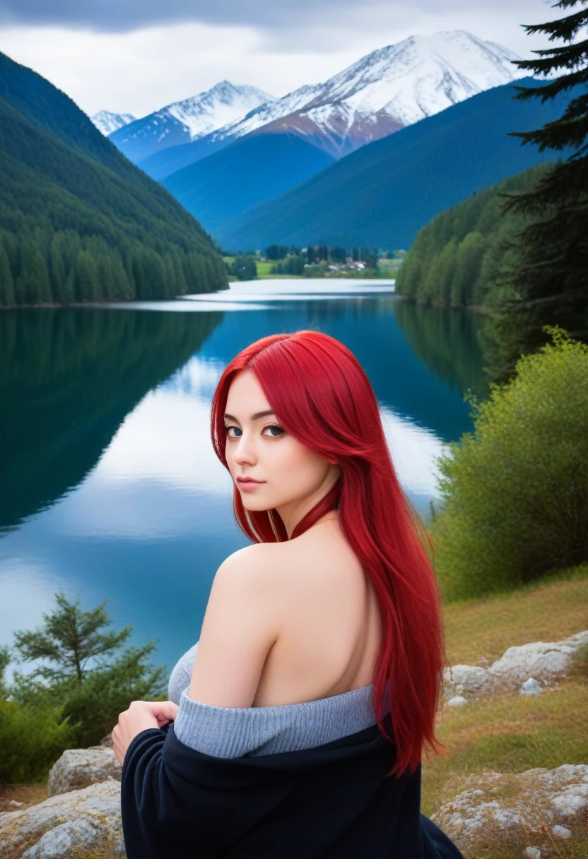 a beautiful red hair women, rolling hills, snow-capped mountains, fluffy clouds, anime style, highly detailed, intricate background, vivid colors, soft lighting, serene atmosphere, picturesque scene, dramatic sky, lush vegetation, idyllic setting, tranquil lake, detailed textures, fantasy elements, masterpiece, photorealistic, (gigantic breast:1.6), wide hips, hourglass shape