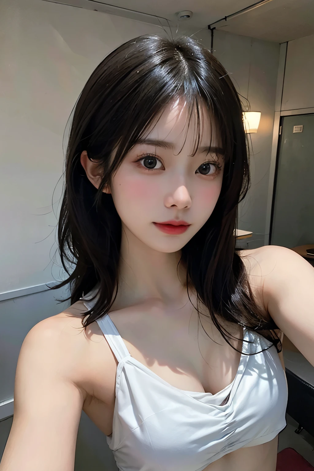 ((best quality)), ((masterpiece)), (detailed), perfect face. Asian girl. Selfie. Bikini. Bedroom Wall. Low lighting.