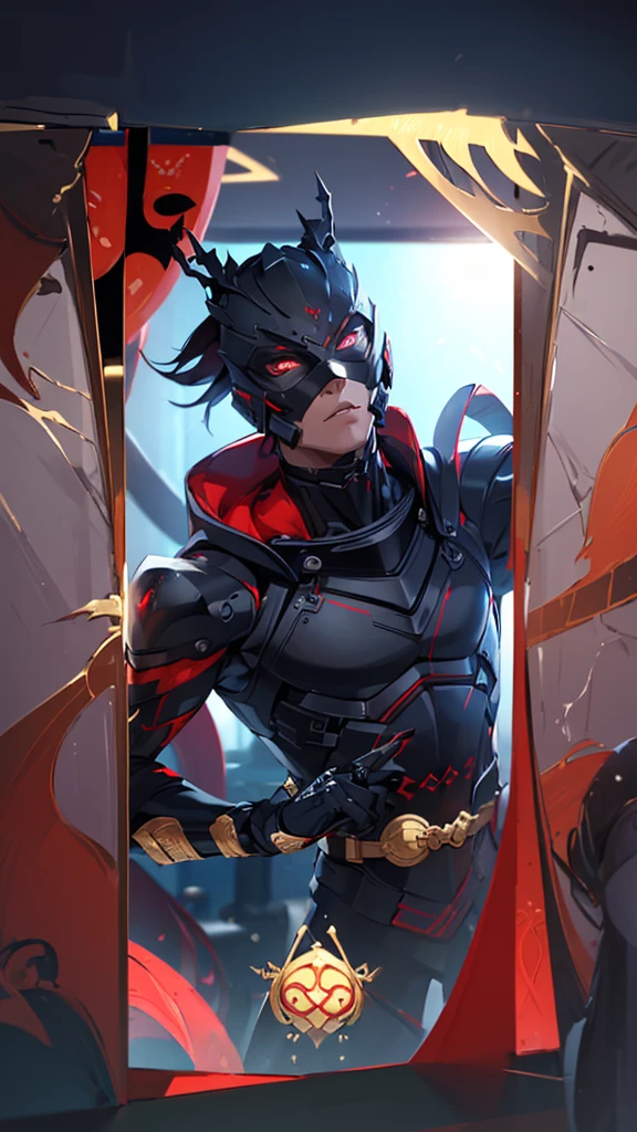((BEST quality,8k,Masterpiece:1.3)),upper body,Sharp focus:1.2,Handsome Ninja with perfect figure, highly detailed mask and facial, and skin texture,Detail red eyes,double eyelids,interior view,perfect lightning,