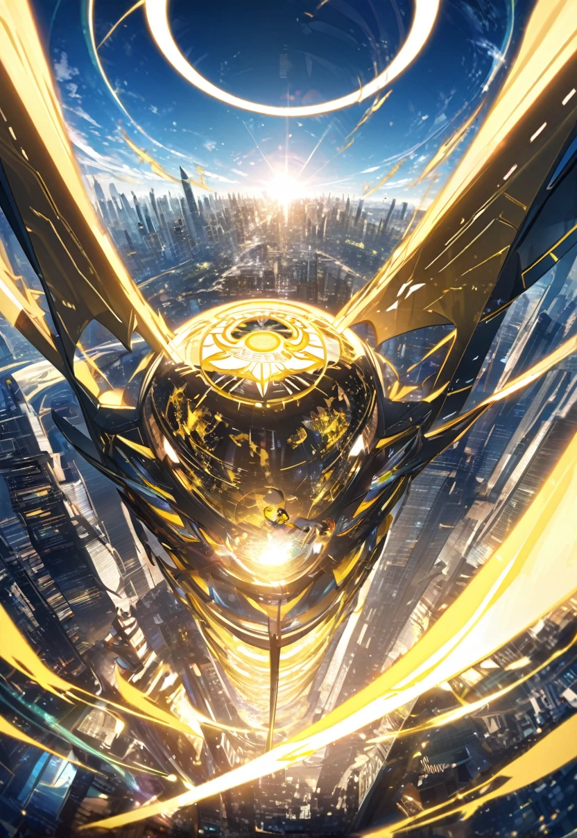 Wide angle, A hero in yellow uniform with sun design, he is flying over a sunny futuristic city with yellow lighting,