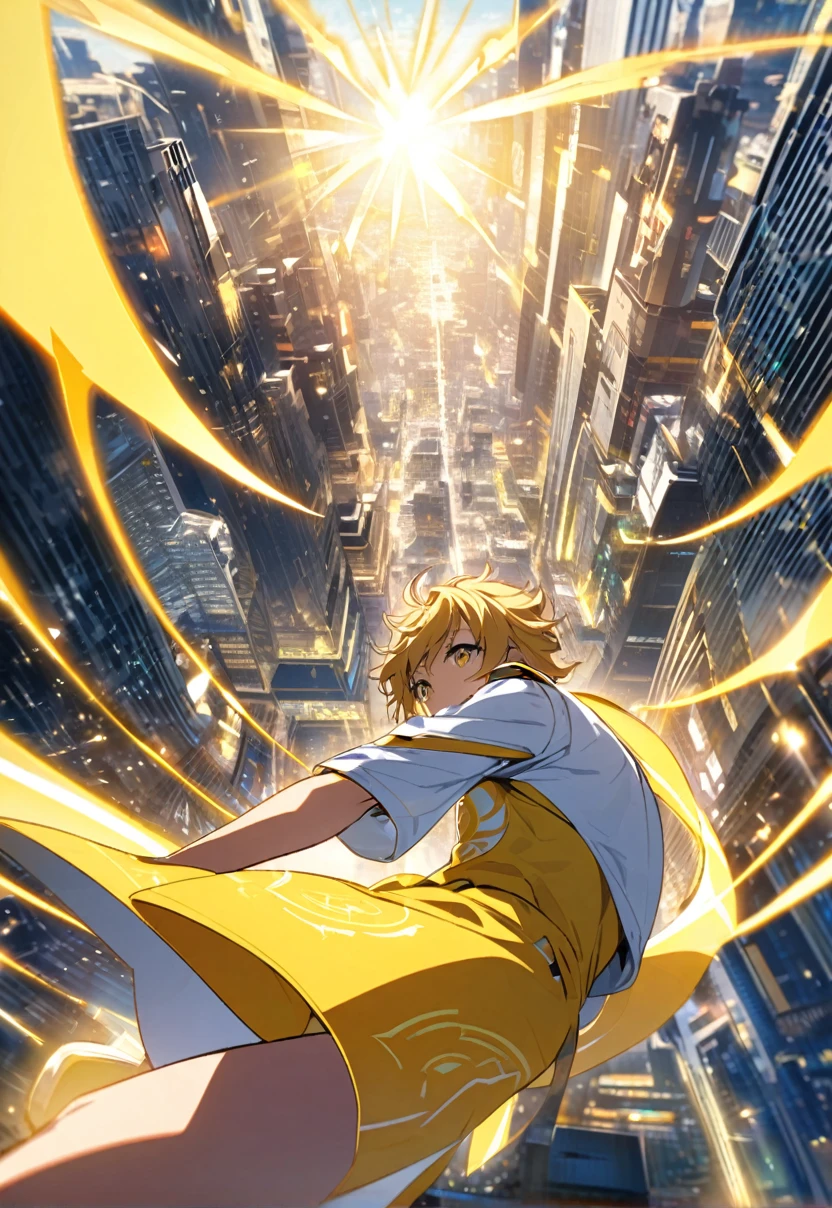 Wide angle, A hero in yellow uniform with sun design, he is flying over a sunny futuristic city with yellow lighting,