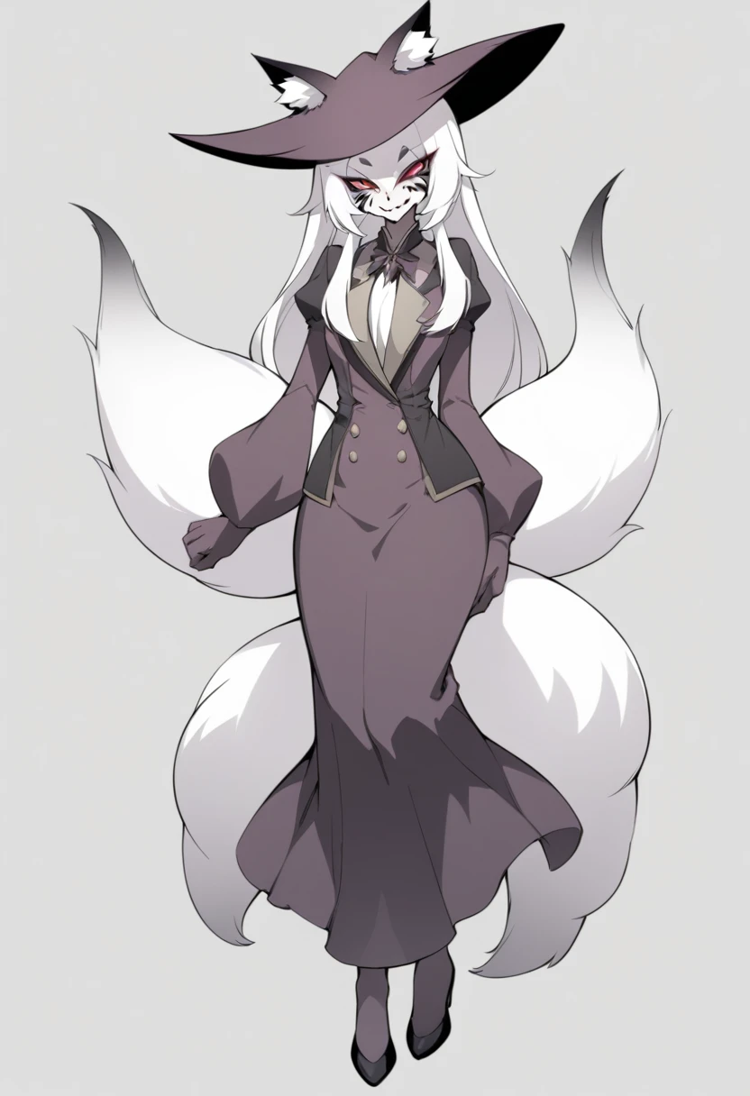 Create a full-body illustration of an anthropomorphic fox woman with elegant long hair and five distinct, bushy tails. The character should exude a sinister and mischievous aura, with a snickering, sinister expression that highlights her cunning and devious nature