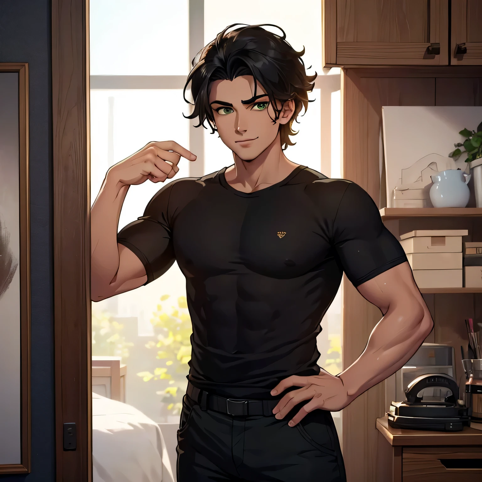 1 handsome young man in his early 20s, green eyes, olive skin, mid length black hair combed to one side, playful smile, tall, athletic body, white t shirt, cargo pants, (best quality,8k,highres,masterpiece:1.2),ultra-detailed,(realistic,photorealistic,photo-realistic:1.37),portrait,studio lighting,sharp focus,physically-based rendering,vivid colors,warm lighting