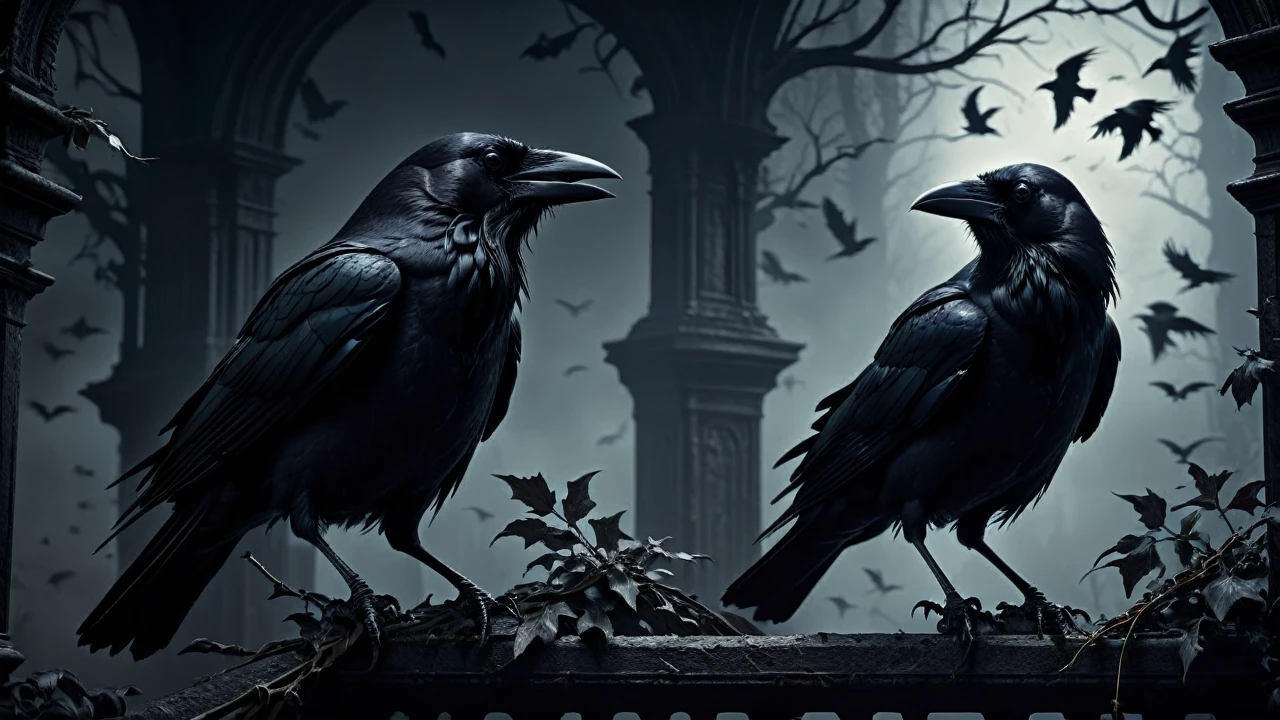 haunting atmosphere, chiaroscuro lighting, dark and moody colors, gothic horror, ominous crows, intricate details, cinematic composition, dramatic shadows, photorealistic, 8k, hyper detailed, masterpiece, dark fantasy, moody, atmospheric, dramatic, cinematic composition, realistic textures, highly detailed