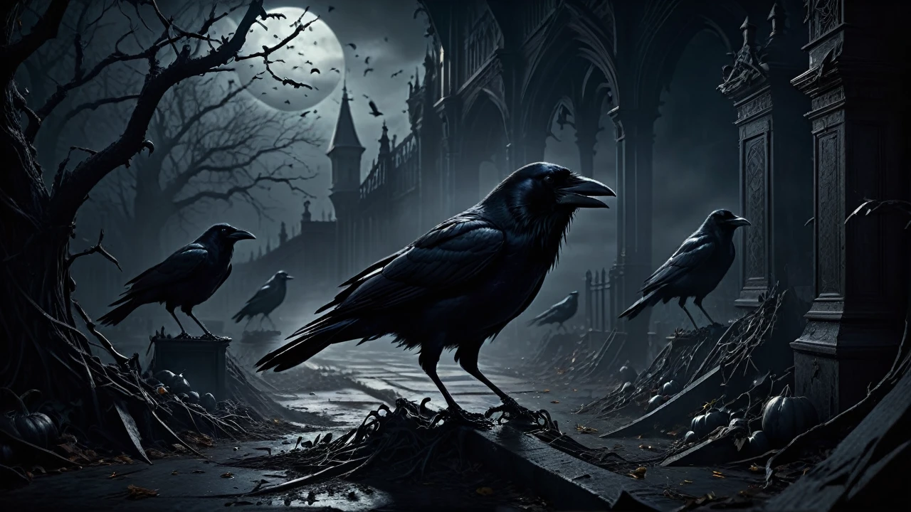  haunting atmosphere, chiaroscuro lighting, dark and moody colors, gothic horror, ominous crows, intricate details, cinematic composition, dramatic shadows, photorealistic, 8k, hyper detailed, masterpiece, dark fantasy, moody, atmospheric, dramatic, cinematic composition, realistic textures, highly detailed