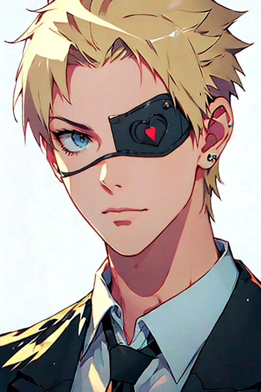 1 male , 1 eye covered with eye patch, (tall man, slim, manly, dominate,  buzzed blonde hair, tough, wearing goth outfit, has 1 earring.) best quality, ultra-detailed, illustration, complex, detailed, extremely detailed, detailed face, soft light, soft focus, perfect face, illustration: Full Body