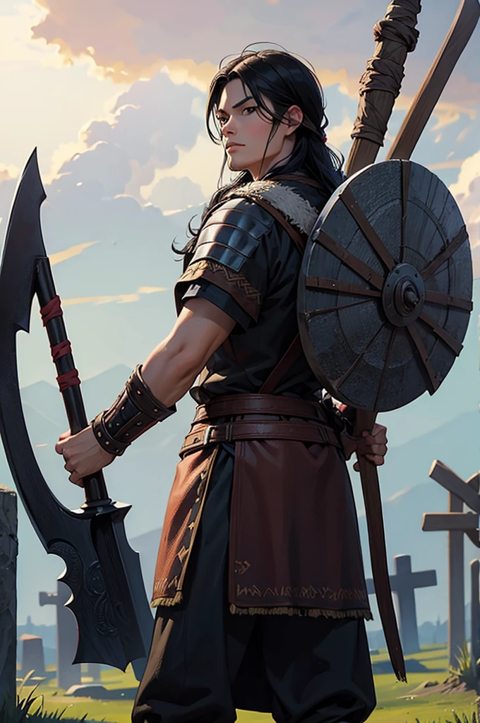 Viking warrior with two axes and black hair, with a grave made of bearskin