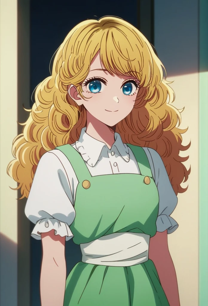 oshi_no_ko_style,blonde curls,sidecurls,fluffy fringe bangs,blue eyes,long eyelashes,cowboyshot,standing,,soft smile,long hair,masterpiece,highres,absurdres,(white puffy short sleeves),collared blouse,solo,frilled cuffs,,teen,(light blue pinafore dress),frilled wristgloves,frilled sweatheart neckline,white sash around the waist,peter pan collar,side curls,princess curls