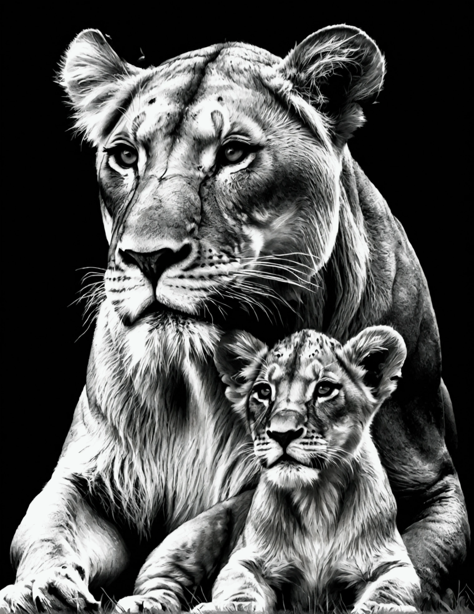 drawing of lioness and cub in black and white