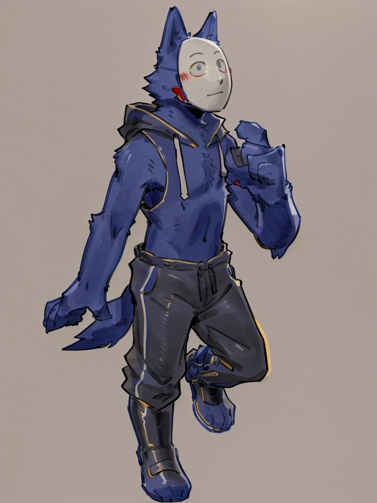 ((Best quality, masterpiece, detailed anatomy, detailed eyes, detailed hands, perfect lighting, perfect shading, no color, sketch line art)), by Buta99, by Bebebebebe, 1male, Wolf, furs, tight body, eyes, mask, skinny chub body, young body, sleeveless hoodie, pants, boots, at the white background 
