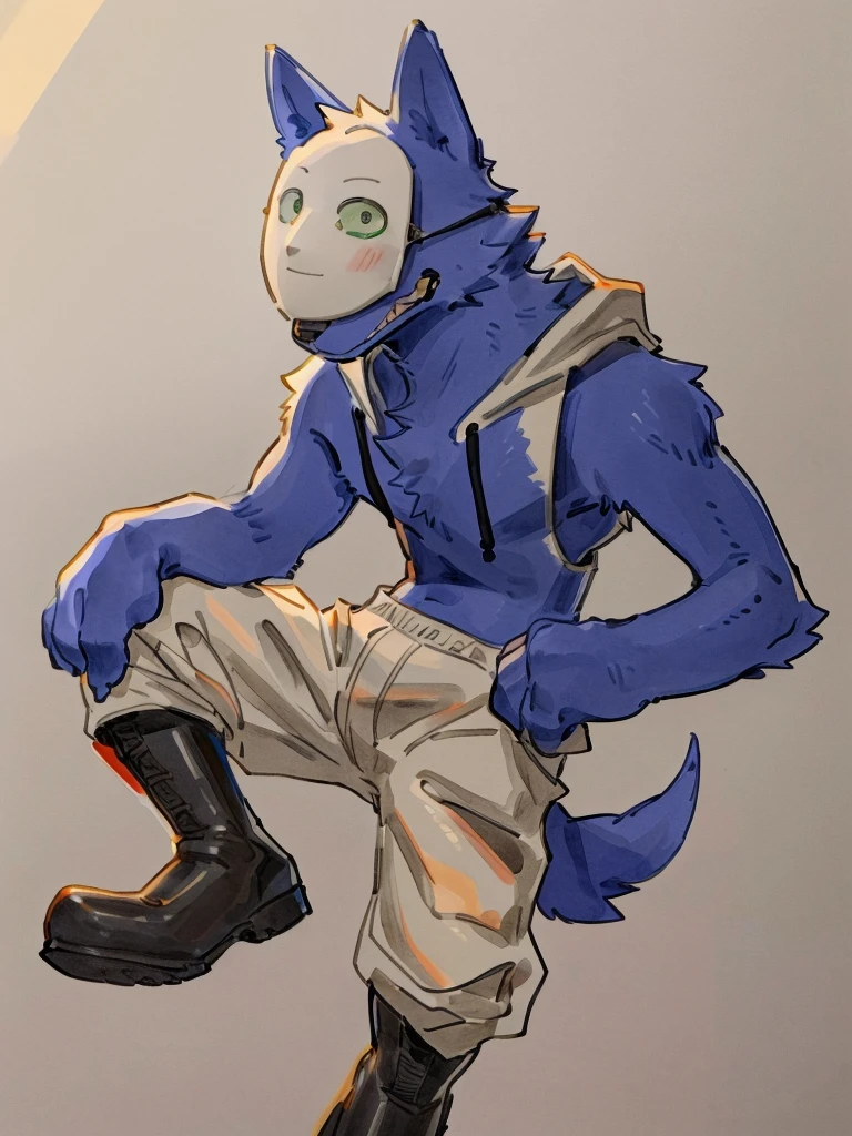 ((Best quality, masterpiece, detailed anatomy, detailed eyes, detailed hands, perfect lighting, perfect shading, no color, sketch line art)), by Buta99, by Bebebebebe, 1male, Wolf, furs, tight body, eyes, mask, skinny chub body, young body, sleeveless hoodie, pants, boots, at the white background 