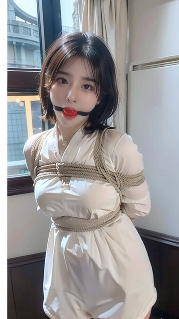 top-quality、​masterpiece、超A high resolution、(realisitic:1.4)、Beautuful Women１、Beautiful detail eyes and skin、ssmile、Light brown short-cut hair、The perfect spacesuit、Inside the spacecraft、Water Planet、weak sunshine、cosmic space、ballgag ,bondage (Shibari,hands tied behind back:1.5), (Shibari:1.21),Tied up,Cat ears, fox tail 