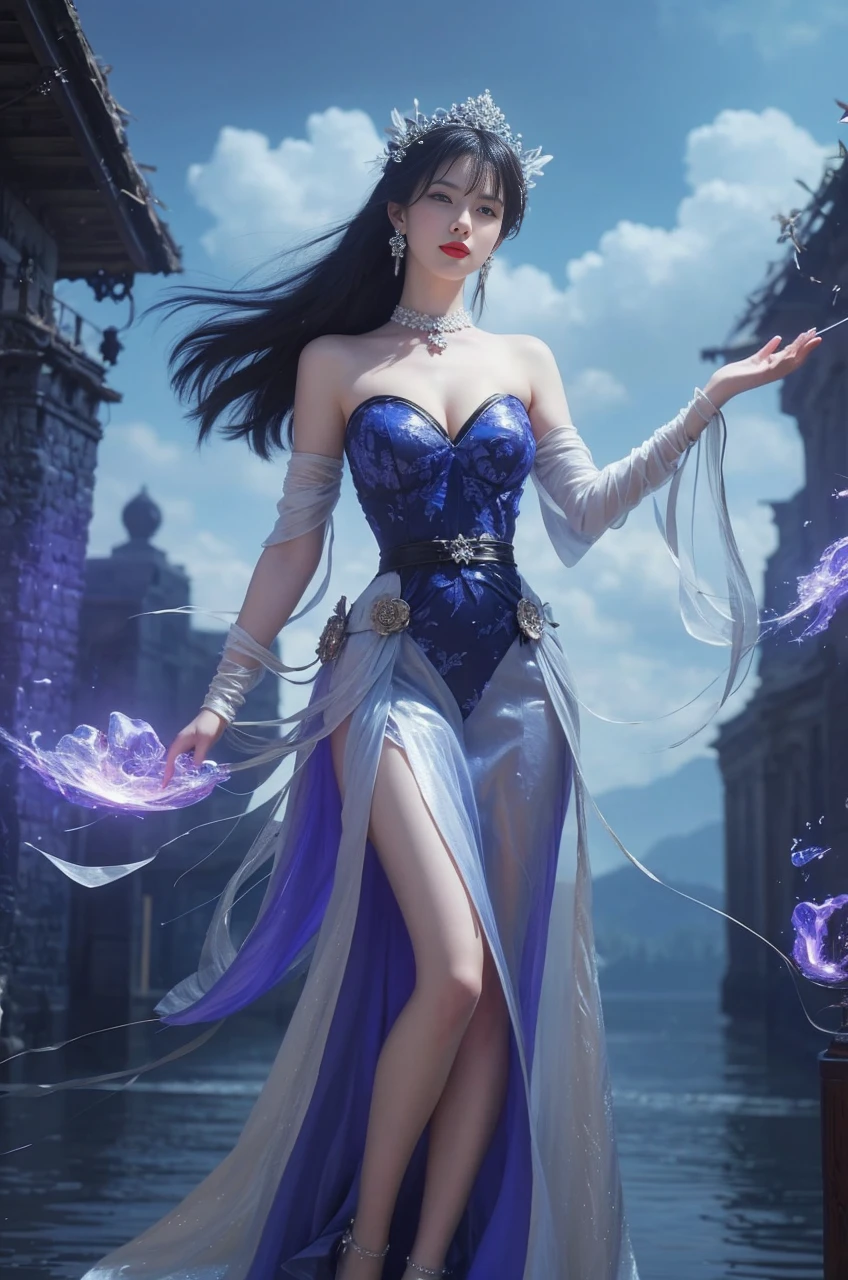 best quality, tmasterpiece,Ultra-high resolution,Clear face,(Reality:1.4),ferpect lighting,(upper body shot), (photorealistic:1.50), anime wallpaper, Guviz style artwork, cover-up fantasy up to magic , by Yang J, Guviz, beautiful artwork illustration, beautiful digital artwork, beautiful digital illustration, Li Song, beautiful anime portrait, art style in Beauvot, Lips wear thick red lipstick,