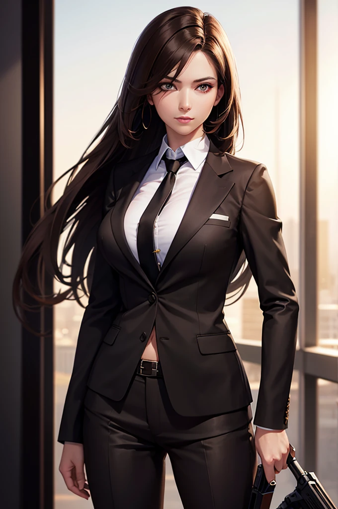 beautiful woman, 1 woman, medium length brown hair, business suit, weapons industry executive, holographic sight over one eye, best quality, 8k, highres, masterpiece, ultra-detailed, realistic, photorealistic, HDR, studio lighting, extreme detail description, professional, vivid colors, bokeh, concept art