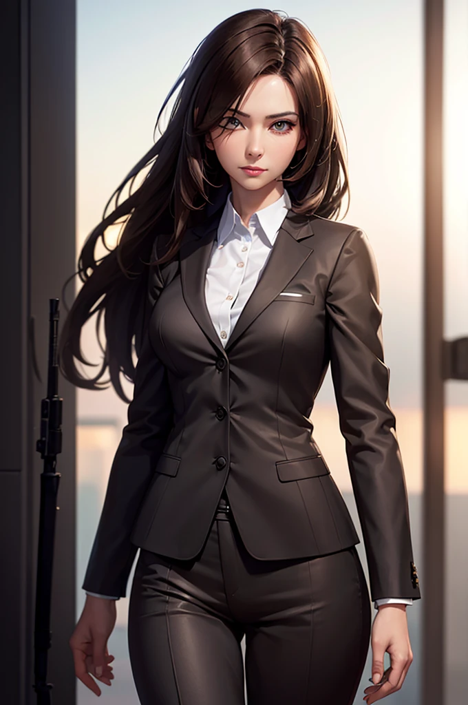 beautiful woman, 1 woman, medium length brown hair, business suit, weapons industry executive, holographic sight over one eye, best quality, 8k, highres, masterpiece, ultra-detailed, realistic, photorealistic, HDR, studio lighting, extreme detail description, professional, vivid colors, bokeh, concept art
