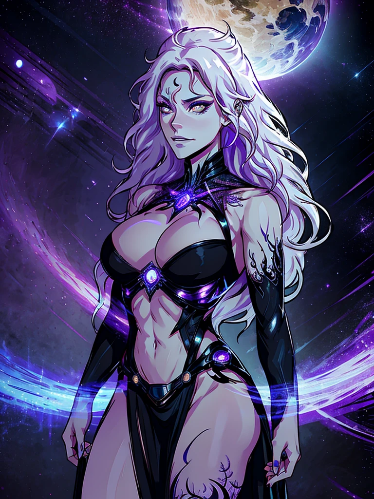 official arts, 8k unity wallpaper, ultra-detailed, beautiful and aesthetically pleasing, masterpiece, best quality, (fractal art: 1.3),female, 1 girl, magic woman, purple eyes, misterious smile, tall woman, very muscular, serious and and angry face, wavy messy white hair, black dress, shrouded in darkness, moving your hands creating a bluish aura that lights up your face