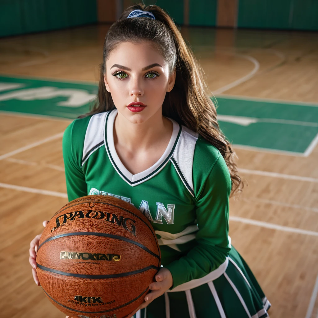 1girl,white woman, beautiful detailed eyes, beautiful detailed lips, extremely detailed face, long dark hair, light green eyes, cheerleaders uniform, basketball court, detailed full body, high quality, 8k, photorealistic, professional photography, dramatic lighting, cinematic, colorful