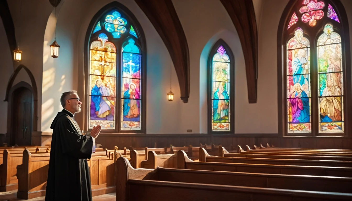 A church lit by rays of sunlight that pass through colorful stained glass windows, with different people sitting in the pews, looking forward with expressions of hope. Focus on a serene-looking priest in the pulpit, with his hands extended in a gesture of welcome. Photorealism style, high resolution, 8k
