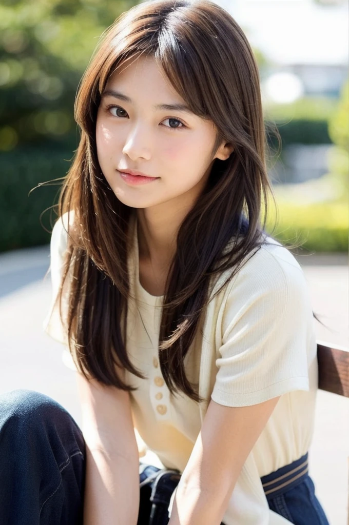 The Japanese girl has medium length, silky brown hair, which she often wears in loose waves, matching her friendly and caring personality. Her eyes are warm and expressive, and her face has soft, harmonious facial features.She has a slim stature and a relaxed posture, which reflects her natural serenity. In terms of her style, she prefers casual and comfortable outfits with a touch of feminine elegance. Her skin is smooth and has a soft complexion.