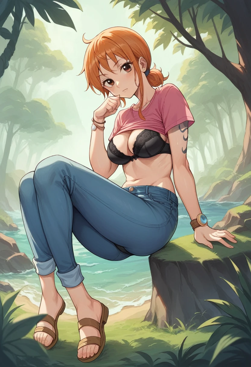 1girl, art by Eiichirio Oda, nami at the edge of a forest, sea at the background, nami is wearing a short pink shirt tied near breast, black panty visible through short blue denim, tied hair, black bra is visible through the shirt, full body image