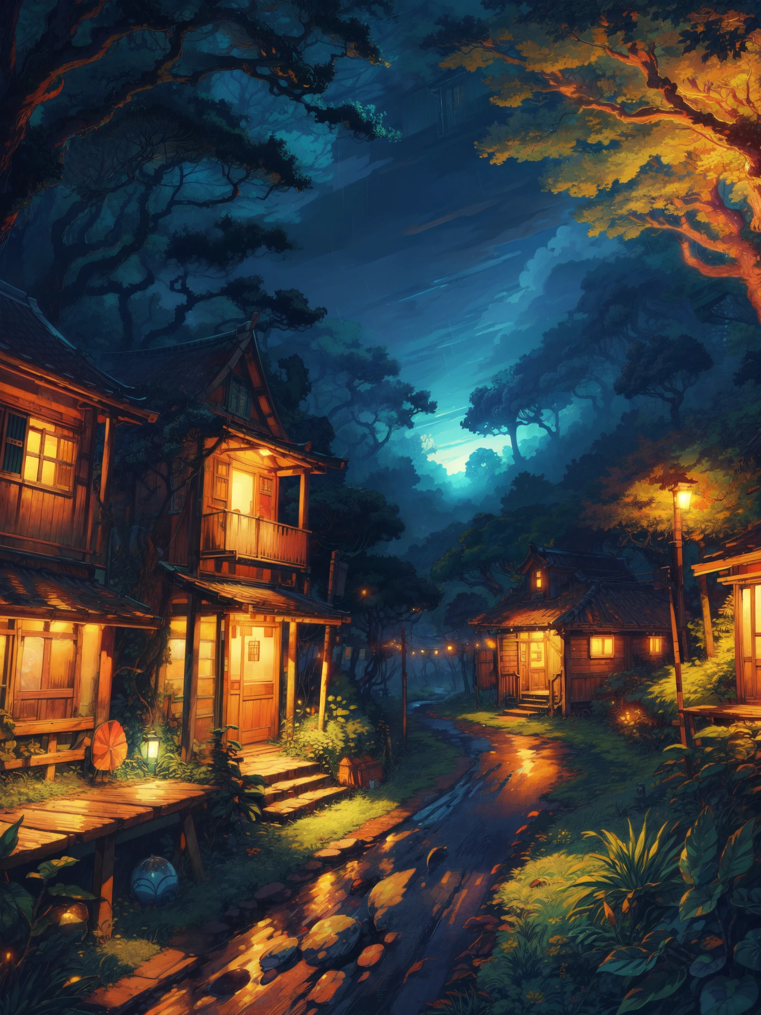 super wide perspective, lonely hut in the woods, string lights, hanging pots, ghibli anime scene, moody weather, leaves falling from tree, light bubble around street light, under a big banyan tree, street light, poles and wires, tropical leafy plant pots, menu board, sign board, long grass with wild flowers, in the middle of nowhere, vibrant color tones, ghibli style, no humans, scenery, masterpiece, high resolution