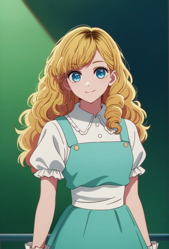 oshi_no_ko_style,blonde curls,sidecurls,fluffy fringe bangs,blue eyes,long eyelashes,cowboyshot,standing,,soft smile,long hair,masterpiece,highres,absurdres,(white puffy short sleeves),collared blouse,solo,frilled cuffs,,teen,(light blue pinafore dress),frilled wristgloves,frilled sweatheart neckline,white sash around the waist,peter pan collar,side curls,princess curls,puffy skirt ended in a frilled white hemline