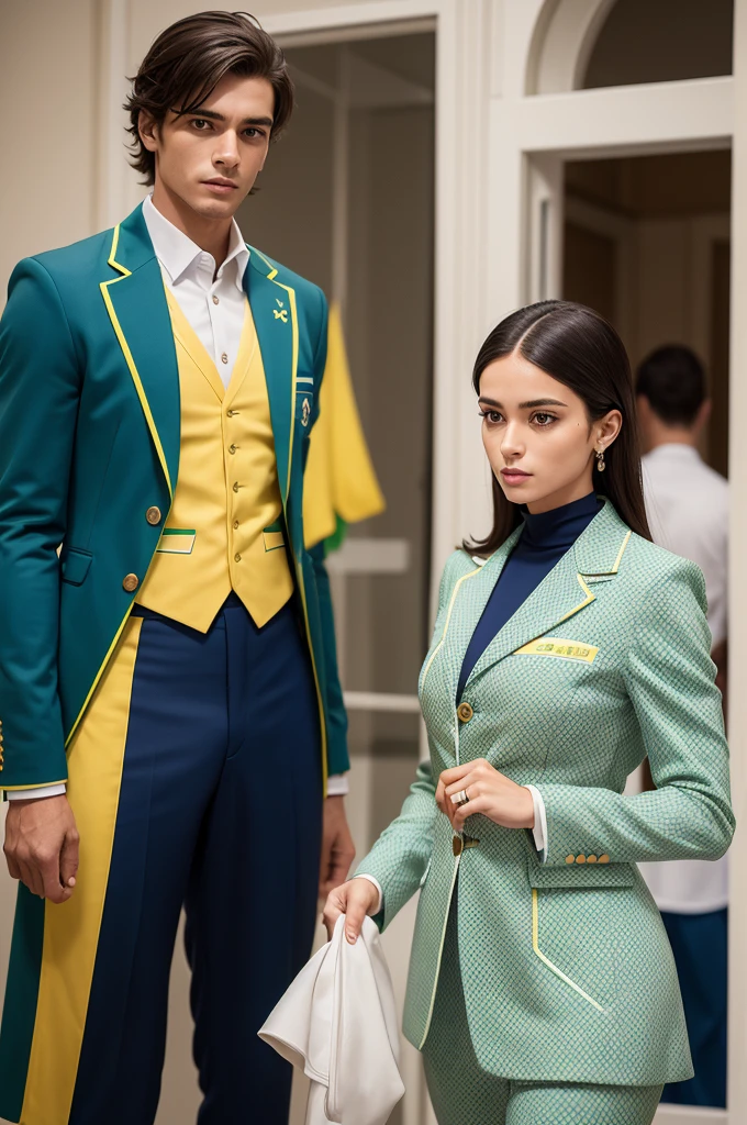 Uniforms for Brazilian Olympic cerimonial men e women athletes inspired by French haute couture brands like Gyvanvhy and delicate prints of Brazilian culrure reference.  Used in horse riding with a blue or green suit and small yellow details. 
