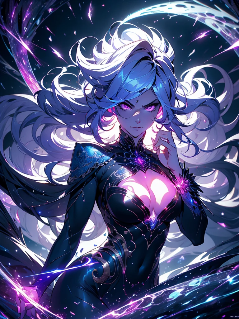 official arts, 8k unity wallpaper, ultra-detailed, beautiful and aesthetically pleasing, masterpiece, best quality, (fractal art: 1.3),female, 1 girl, magic woman, purple eyes, misterious smile, tall woman, very muscular, serious and and angry face, wavy messy white hair, black dress, shrouded in darkness, moving your hands creating a bluish aura that lights up your face