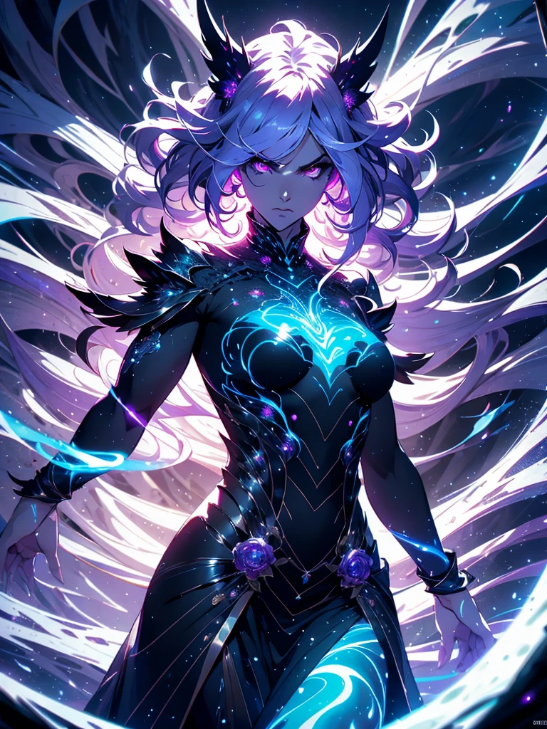 official arts, 8k unity wallpaper, ultra-detailed, beautiful and aesthetically pleasing, masterpiece, best quality, (fractal art: 1.3),female, 1 girl, magic woman, purple eyes, misterious smile, tall woman, very muscular, serious and and angry face, wavy messy white hair, black dress, shrouded in darkness, moving your hands creating a bluish aura that lights up your face