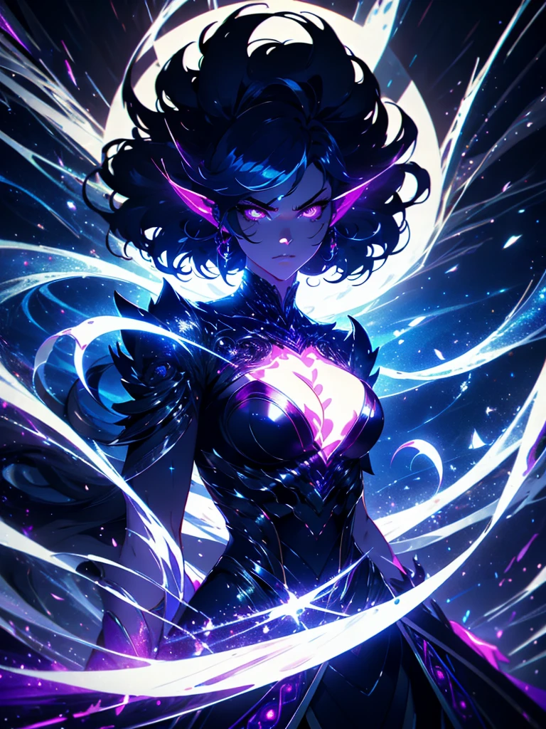 official arts, 8k unity wallpaper, ultra-detailed, beautiful and aesthetically pleasing, masterpiece, best quality, (fractal art: 1.3),female, 1 girl, magic woman, purple eyes, misterious smile, tall woman, very muscular, serious and and angry face, wavy messy white hair, black dress, shrouded in darkness, moving your hands creating a bluish aura that lights up your face