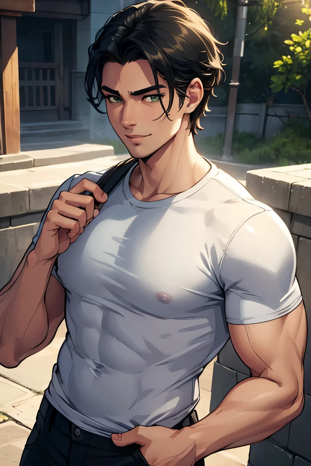 1 handsome young man in his early 20s, green eyes, detailed eyes, olive skin, mid length black hair combed to one side, playful fanged smile, tall, athletic body, white t shirt, cargo pants, (best quality,8k,highres,masterpiece:1.2),ultra-detailed,(realistic,photorealistic,photo-realistic:1.37),portrait,studio lighting,sharp focus,physically-based rendering,vivid colors,warm lighting