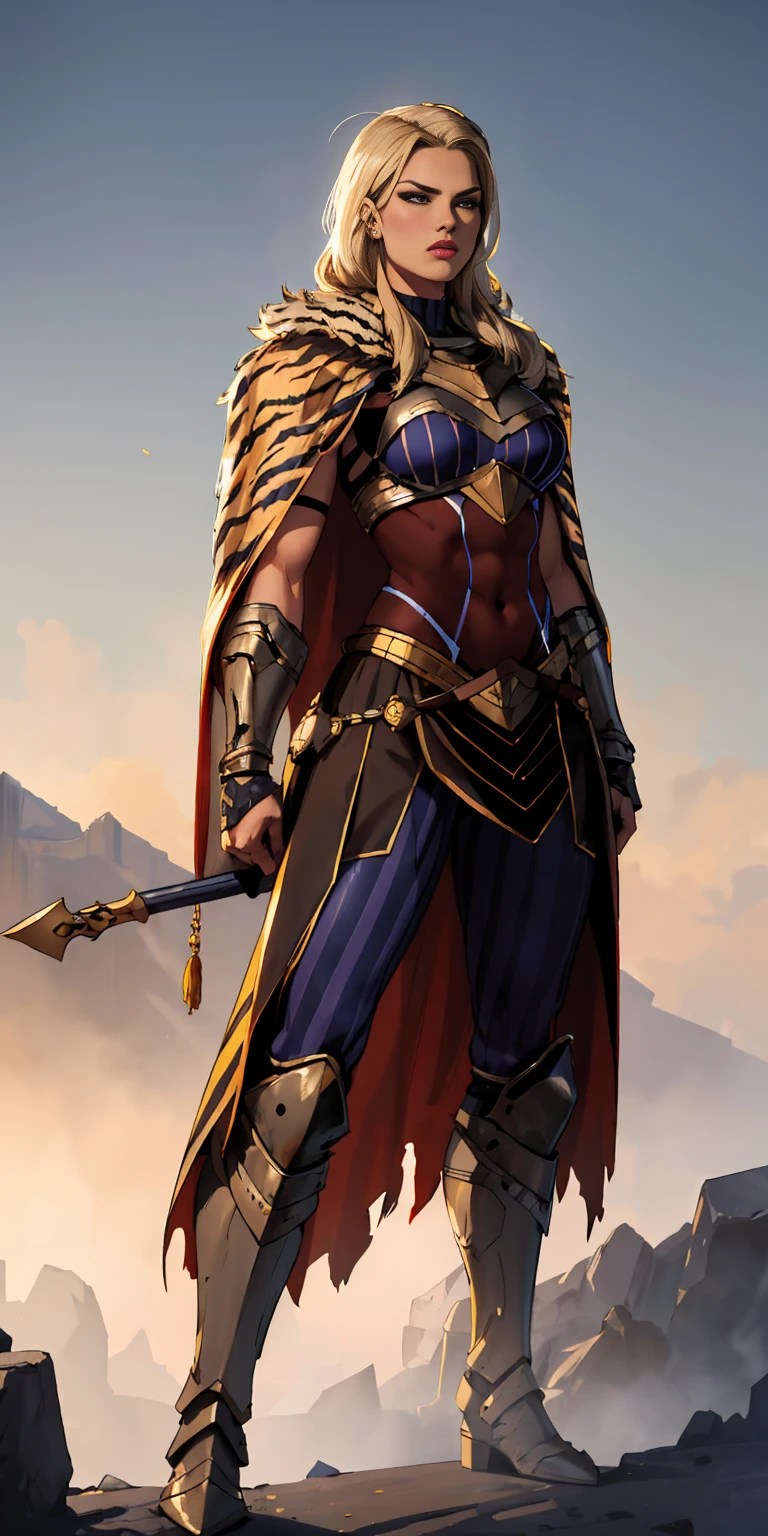 1 Girl (implying one person, likely female)
Full Body: Standing with perfect symmetry
Muscular Build: Strong and defined physique
Turned Arms: Muscular arms positioned behind her back
Theme:
Epic Fantasy: Set in a fantastical world
Asgard: Inspired by Norse mythology (can be subtle or more prominent)
Valkyrie/Lady Knight: Combining elements of a fierce warrior and noble protector
A motif incorporated into her armor, clothing, or environment (tiger stripes, or a tiger pelt cloak)
Visual Style:
Hyper Realistic: Incredibly lifelike detail
Masterpiece: Exceptional quality
8K Resolution: Sharp and high definition
Detailed Drawing: Intricate and richly textured
Superior Quality: The best possible rendering
Epic Composition: Dramatic and visually stunning