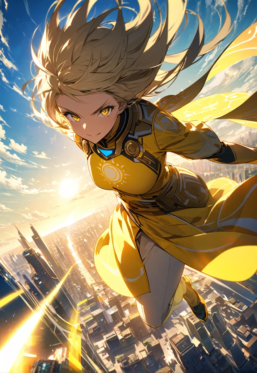 Wide angle, A hero  in yellow uniform with sun design, he is flying over a sunny futuristic city with yellow lighting,