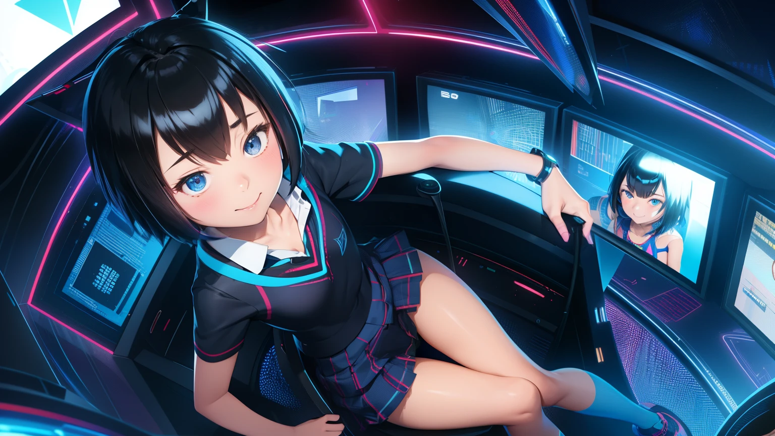  ultra realistic, girl, peni parker , headphones , evil smile , sitting, slumped in an armchair, in a futuristic cabin, surrounded by monitors, and olographic screens , view from above, blue lights, flat chest,  , She looks with disgust, mini-skirt, pantie . open legs , detailed
