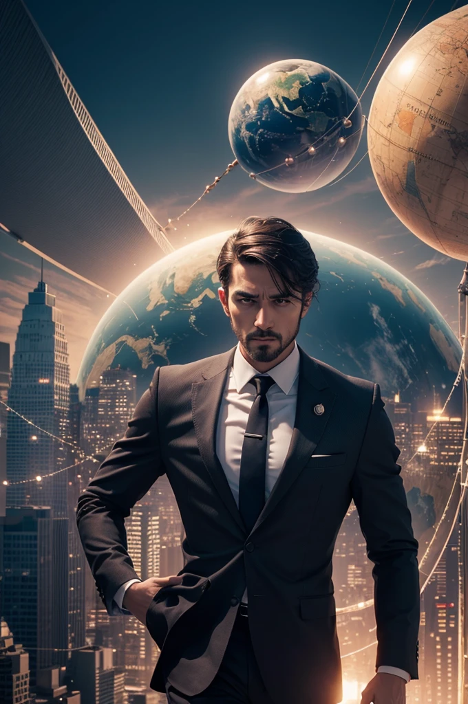 Create a cinematic image depicting a world where business controls its owners. Illustrate a man with strings attached to him like a puppet, being controlled by a large globe representing the world of business. The globe should have elements such as skyscrapers, currency symbols, and corporate logos. The scene should convey a sense of control and manipulation, with detailed visuals and dramatic lighting to enhance the impact.